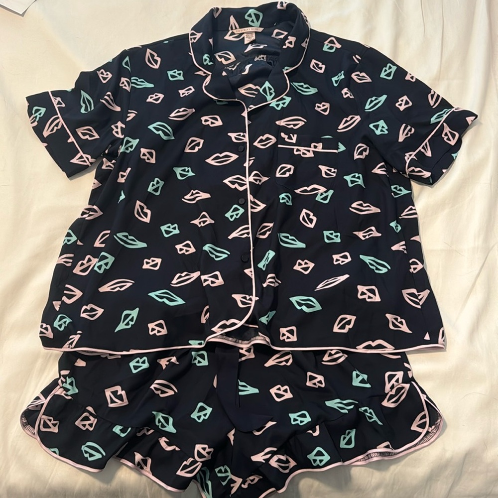 Victoria's Secret Black Pajama Set with Pink and Green Accents